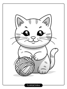 A smiling cat holding a ball of yarn tn