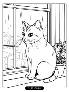 Cat Watching Rain Coloring Page tn