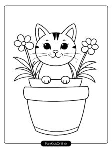 Cat in Flower Pot Coloring Page tn