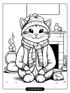 Cat with Hat and Scarf Sitting by the Fireplace tn