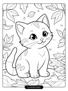 Cute Cat in Fall Leaves Coloring Page tn