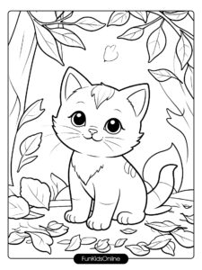 Kitten Playing in Leaves Scene Coloring Page tn