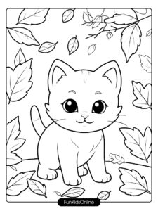 Kitten with Autumn Leaves Coloring Page tn