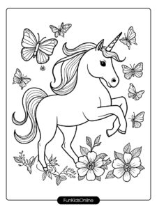 Dancing Unicorn with Butterflies and Flowers