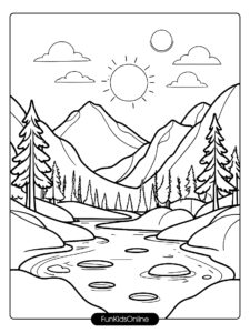 Simple Mountain Scene with River and Pine Trees tn