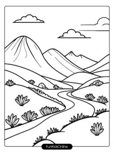 Three rolling hills with small mountains in the background, a dotted trail curving through the foreground tn