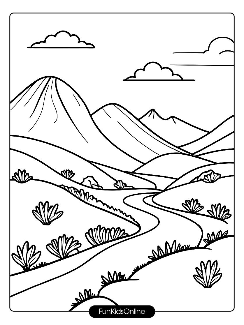 Three rolling hills with small mountains in the background, a dotted trail curving through the foreground tn