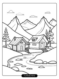 Two overlapping mountains with a simple cabin nestled at the base, a winding river, and a few trees in the background tn