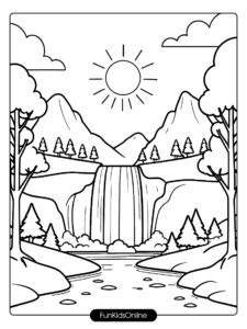 Two small mountains with a waterfall in between, a few large trees on either side, and a bright sun above tn