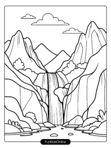 mountain with a cave at the base, a small waterfall flowing down the side, and a few clouds in the sky tn