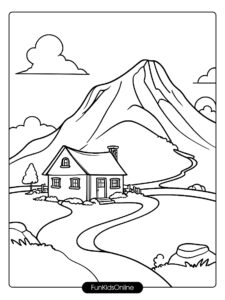 mountain with a curved path leading to a small cottage at the top tn