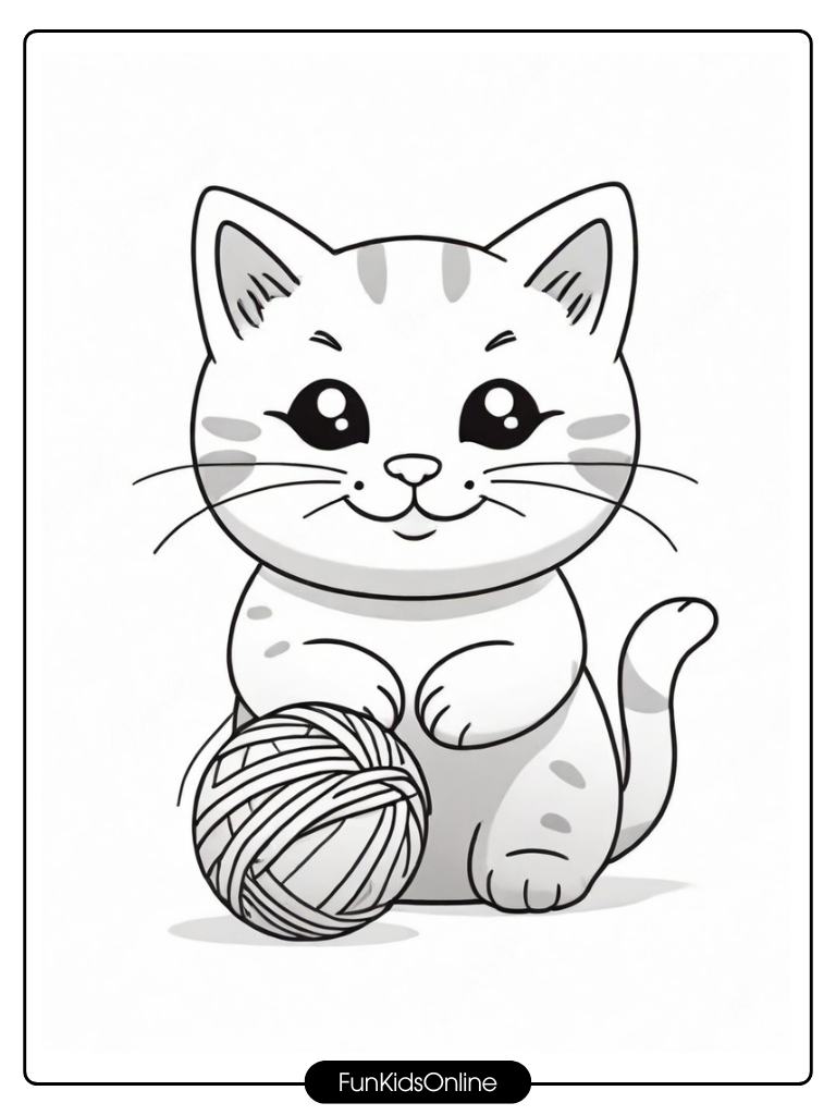 A smiling cat holding a ball of yarn