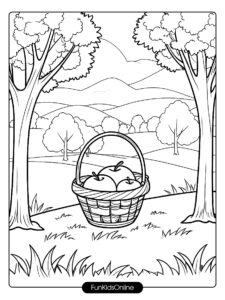 Apple Basket Coloring Page with Country Background