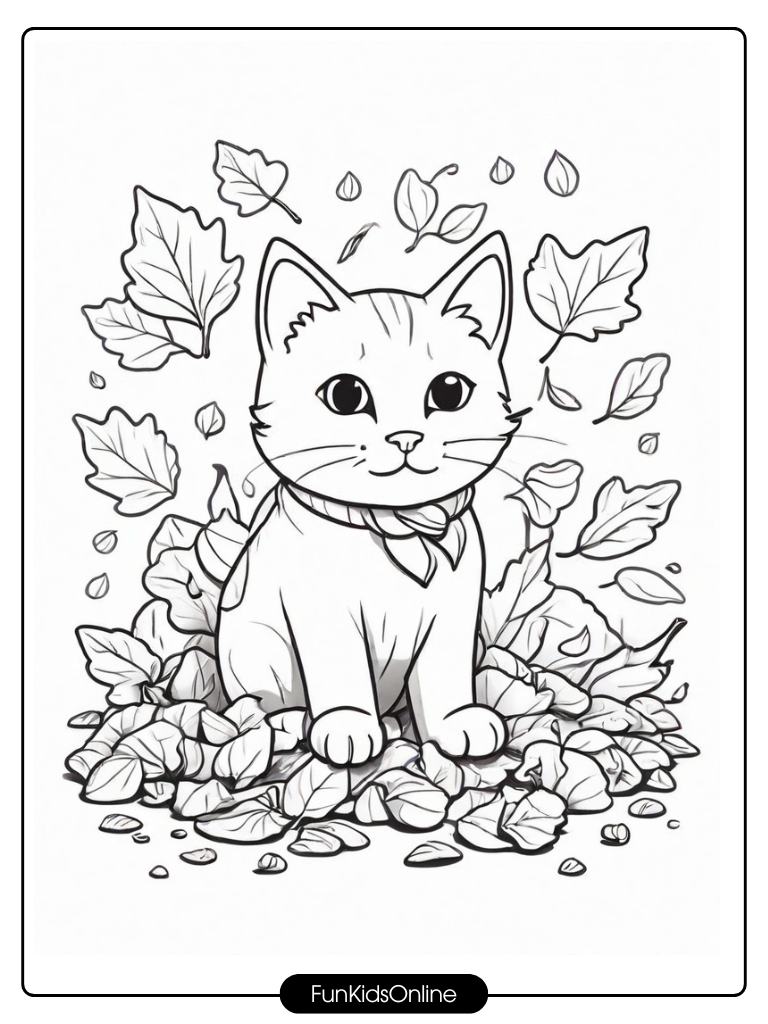 Cat playing in autumn leaves