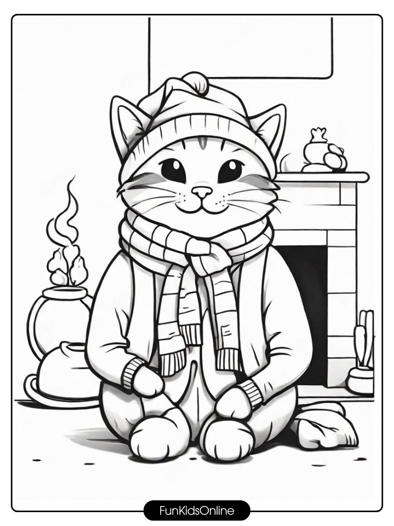 Cat with hat and scarf sitting by the fireplace