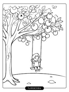 Child Playing on Swing with Apple Tree Coloring Page