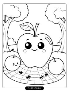 Coloring Page of Apple with Ants at a Picnic