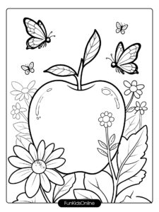 Garden Scene with Apple and Bees Coloring Page