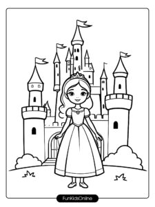 Princess with Wand and Castle Coloring Page