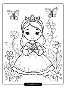 Simple Princess in Flower Garden Coloring Page