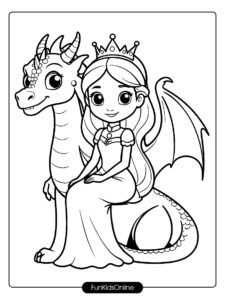 Throne Princess with Dragon Coloring Page