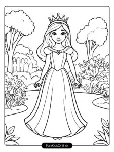 princess standing in a garden with a crown and a flowing dress